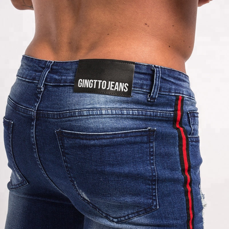 Best Sales Red Side Striped Blue Ripped Biker Pants Denim Custom Men Jeans - Hiccupzz
