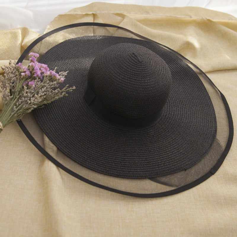 HT2504 Sun Hat Summer anti-UV Lady Wide Brim Hat Women Solid Plain Floppy Summer Straw Hats for Women Female Mesh Brim Beach Hat - Hiccupzz