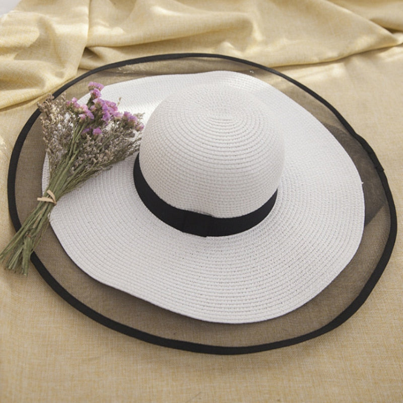 HT2504 Sun Hat Summer anti-UV Lady Wide Brim Hat Women Solid Plain Floppy Summer Straw Hats for Women Female Mesh Brim Beach Hat - Hiccupzz