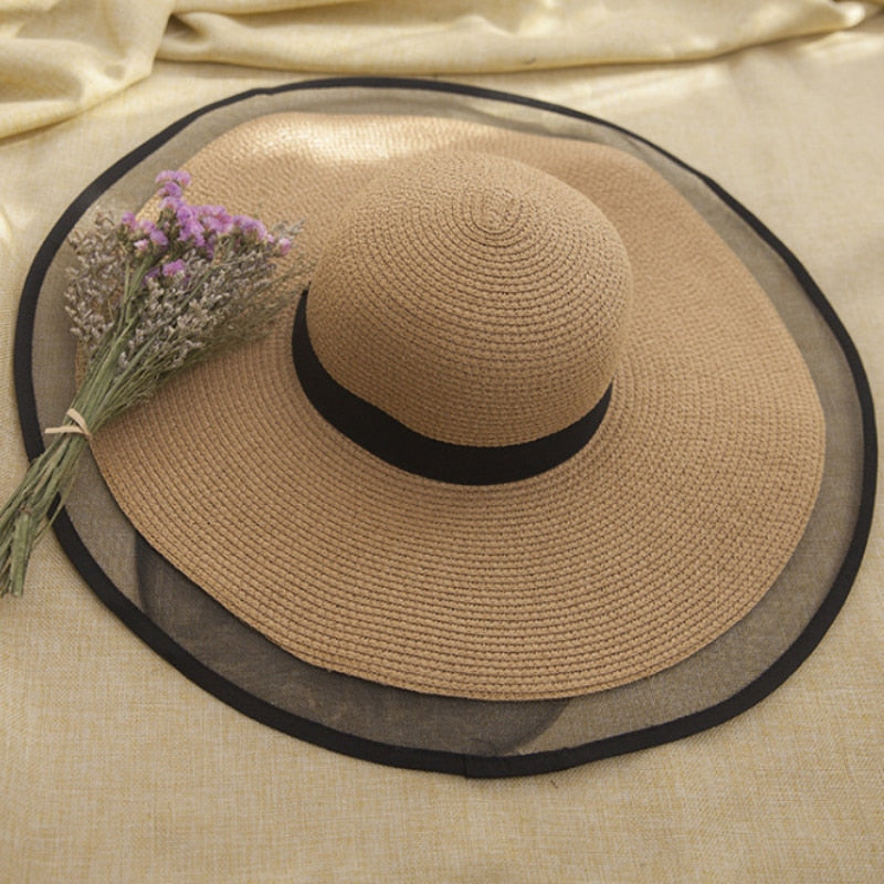 HT2504 Sun Hat Summer anti-UV Lady Wide Brim Hat Women Solid Plain Floppy Summer Straw Hats for Women Female Mesh Brim Beach Hat - Hiccupzz