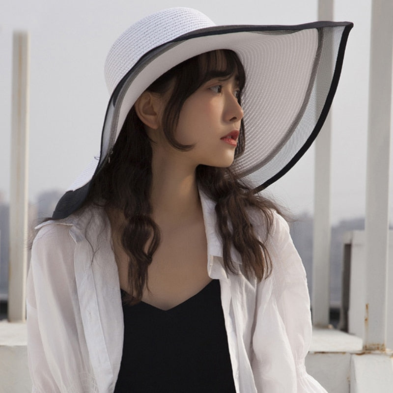 HT2504 Sun Hat Summer anti-UV Lady Wide Brim Hat Women Solid Plain Floppy Summer Straw Hats for Women Female Mesh Brim Beach Hat - Hiccupzz