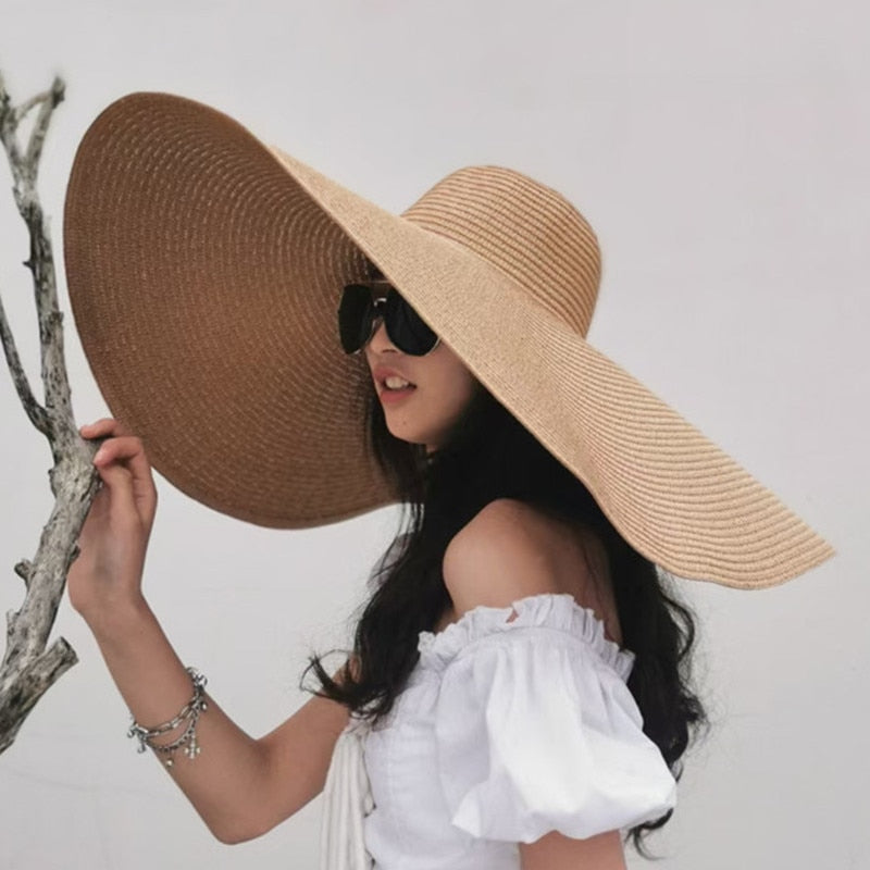 Simple Large Foldable 25cm Wide Brim Floppy Straw Hat For Women Girl Uv Protection Sun Hat Female Holiday Beach Panama Shade Cap - Hiccupzz