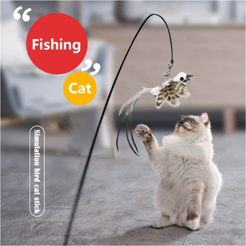 Simulation Bird Interactive Funny Cat Stick Toy Furry Feather Bird With Bell Sucker Cat Stick Toy Kitten Playing Toy - Hiccupzz