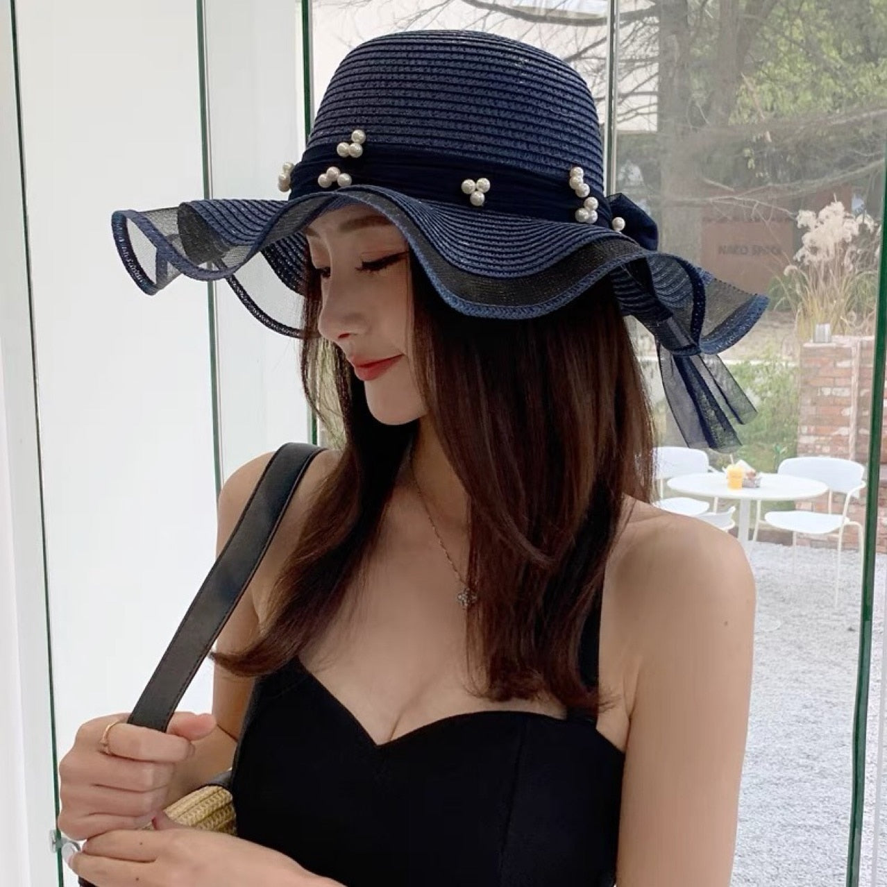 New Korean Style Woman Straw Gauze Joint Bow Ribbon Large Brim Sunshade Ins Celebrity Outing Fashion Beach Holiday Glacier Hat - Hiccupzz