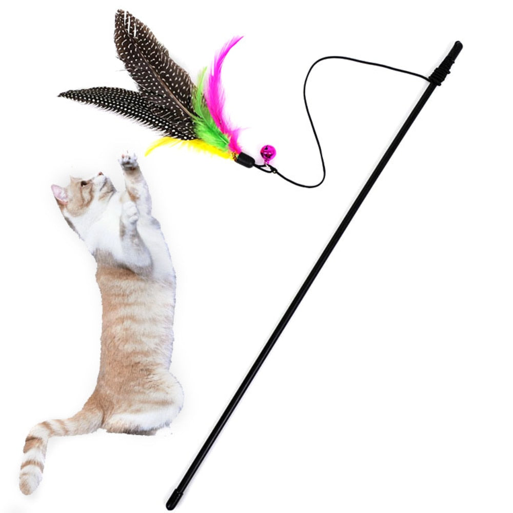 Funny Kitten Cat Teaser Interactive Toy Rod with Bell and Feather Toys for Cats Teaser Interactive Toy Rod Pet Cats Toys Stick - Hiccupzz