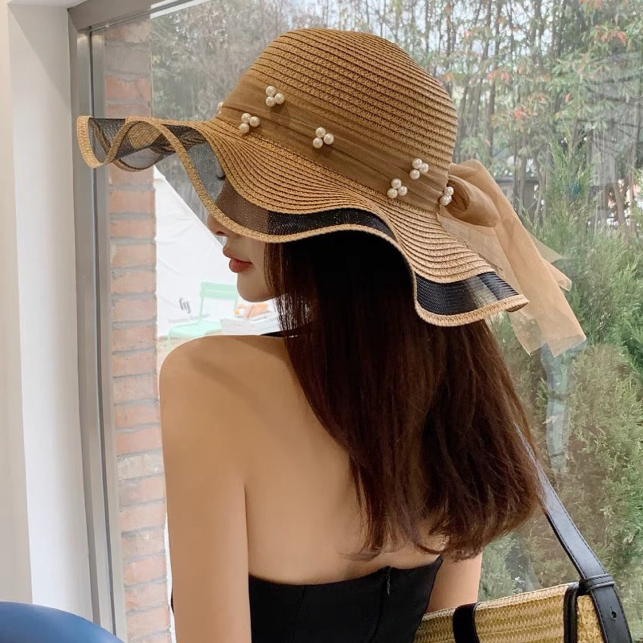 New Korean Style Woman Straw Gauze Joint Bow Ribbon Large Brim Sunshade Ins Celebrity Outing Fashion Beach Holiday Glacier Hat - Hiccupzz
