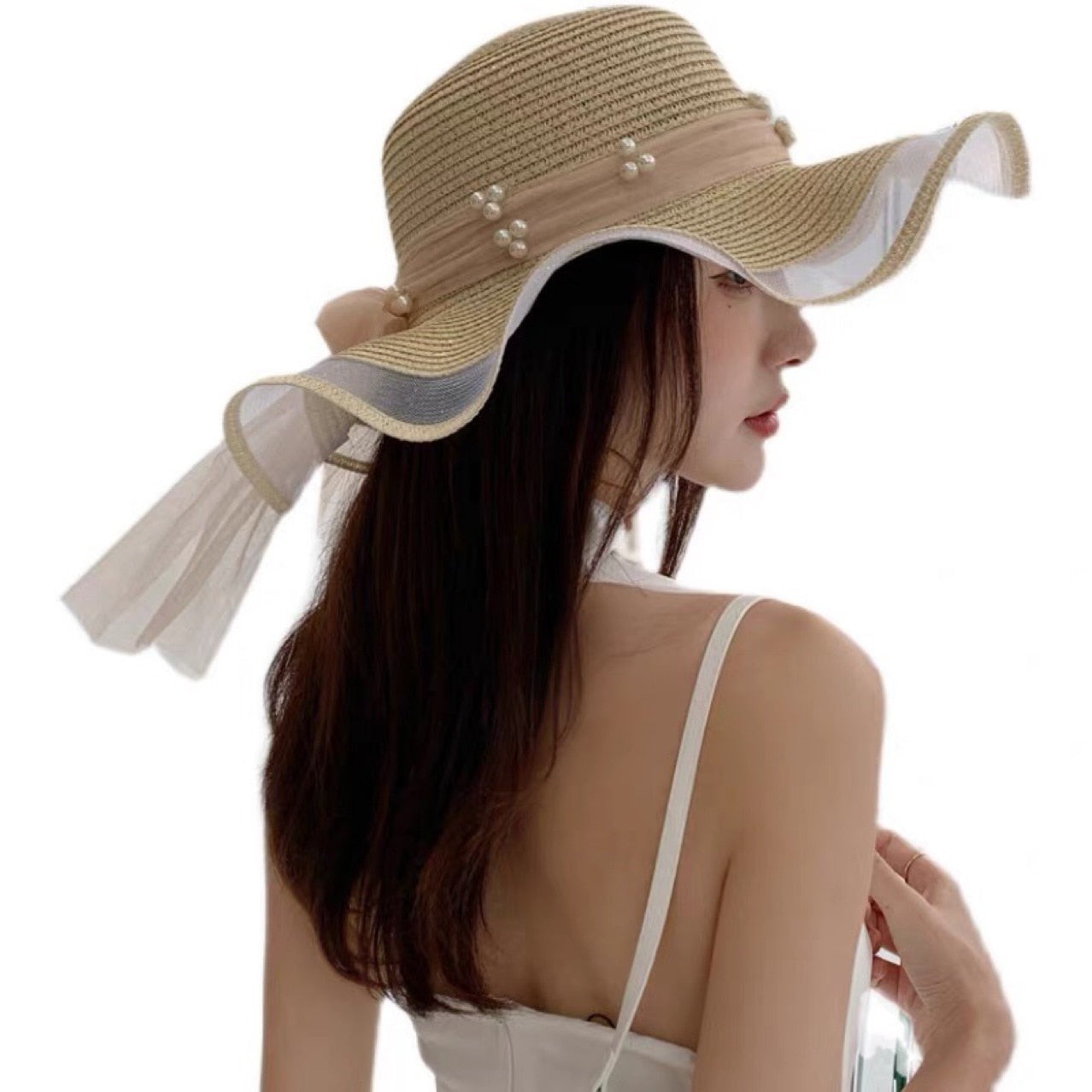New Korean Style Woman Straw Gauze Joint Bow Ribbon Large Brim Sunshade Ins Celebrity Outing Fashion Beach Holiday Glacier Hat - Hiccupzz