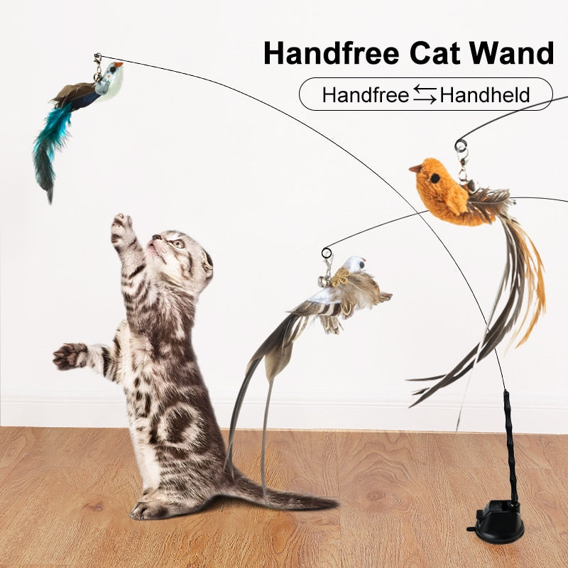 Handfree Bird/Feather Cat Wand with Bell Powerful Suction Cup Interactive Toys for Cats Kitten Hunting Exercise - Hiccupzz
