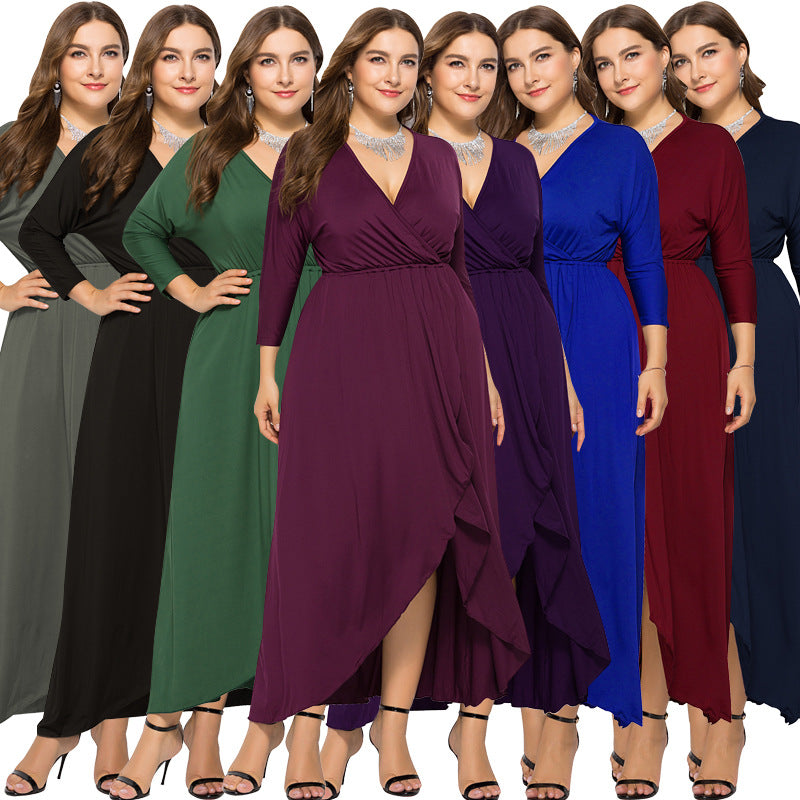 N V-neck Batwing Sleeve Large Hem Sheath Solid Color Dress - Hiccupzz
