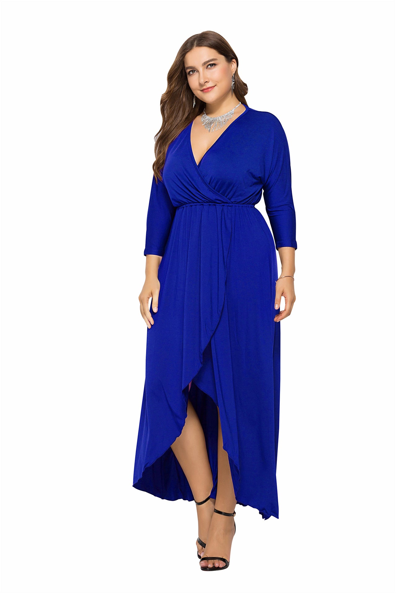 N V-neck Batwing Sleeve Large Hem Sheath Solid Color Dress - Hiccupzz