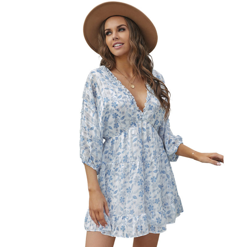Floral Printed V-neck Female Butterfly Sleeve Chiffon Dress - Hiccupzz