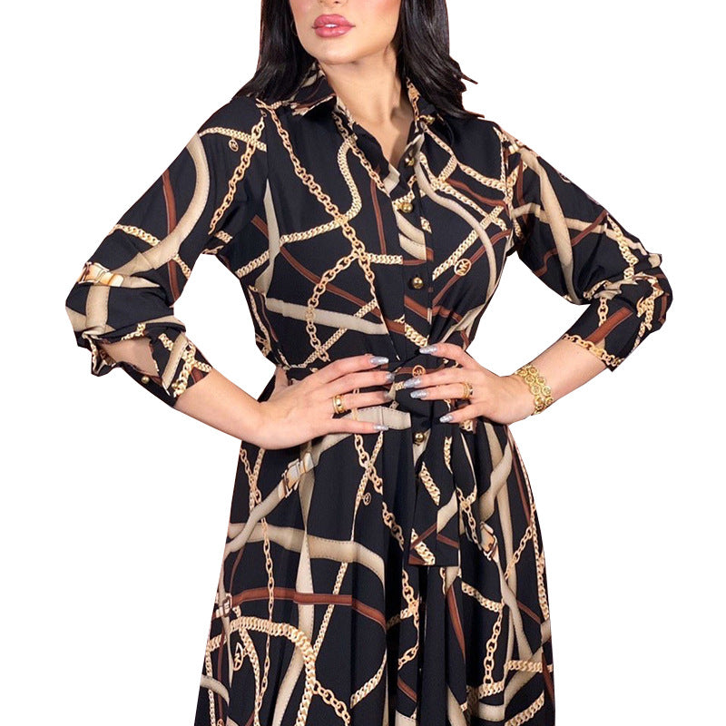 Women's V-neck Printed Dress With Belt - Hiccupzz