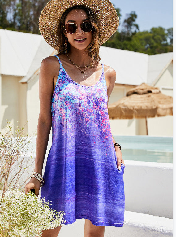 New Women's Pocket Printed Loose Strap Dress - Hiccupzz