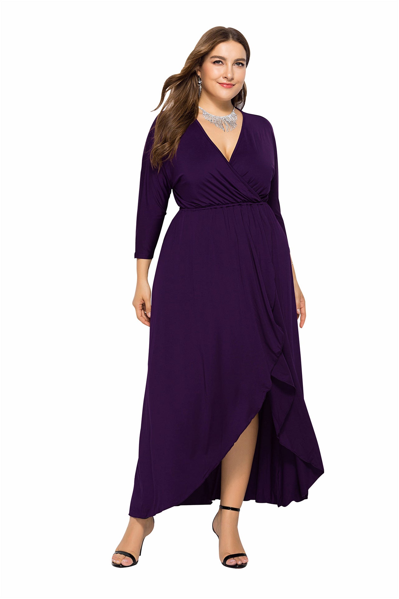 N V-neck Batwing Sleeve Large Hem Sheath Solid Color Dress - Hiccupzz