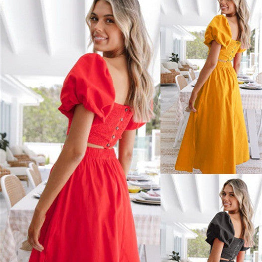 Spring Summer New Lantern Sleeve Square Collar Top Split Dress Two-piece Set - Hiccupzz