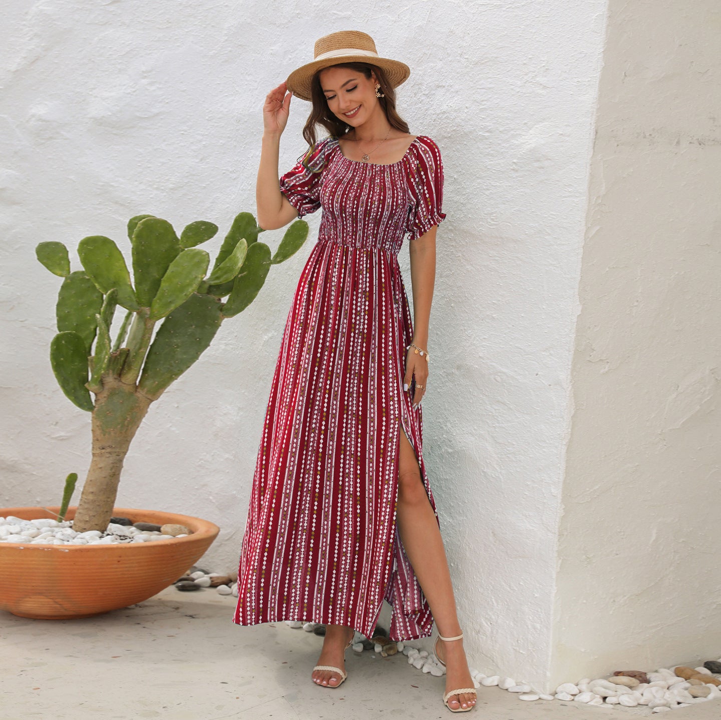 Spring And Summer New Vertical Stripes Floral Print Slit Waist Dress - Hiccupzz