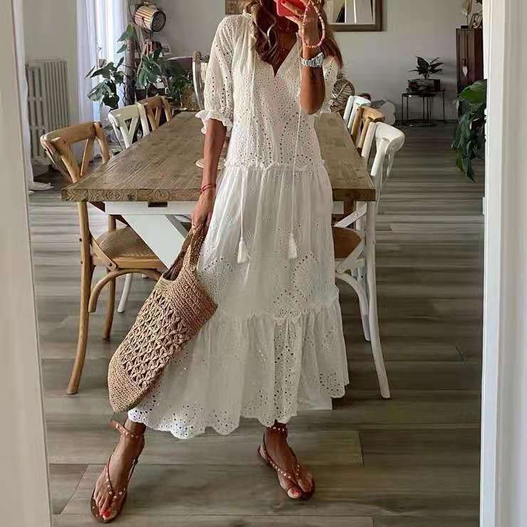 Casual And Sweet V-neck Printed Tassel Short Sleeve Midi Dress For Women - Hiccupzz