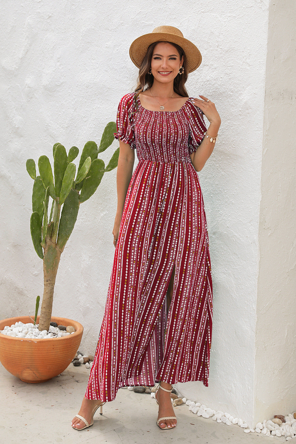 Spring And Summer New Vertical Stripes Floral Print Slit Waist Dress - Hiccupzz