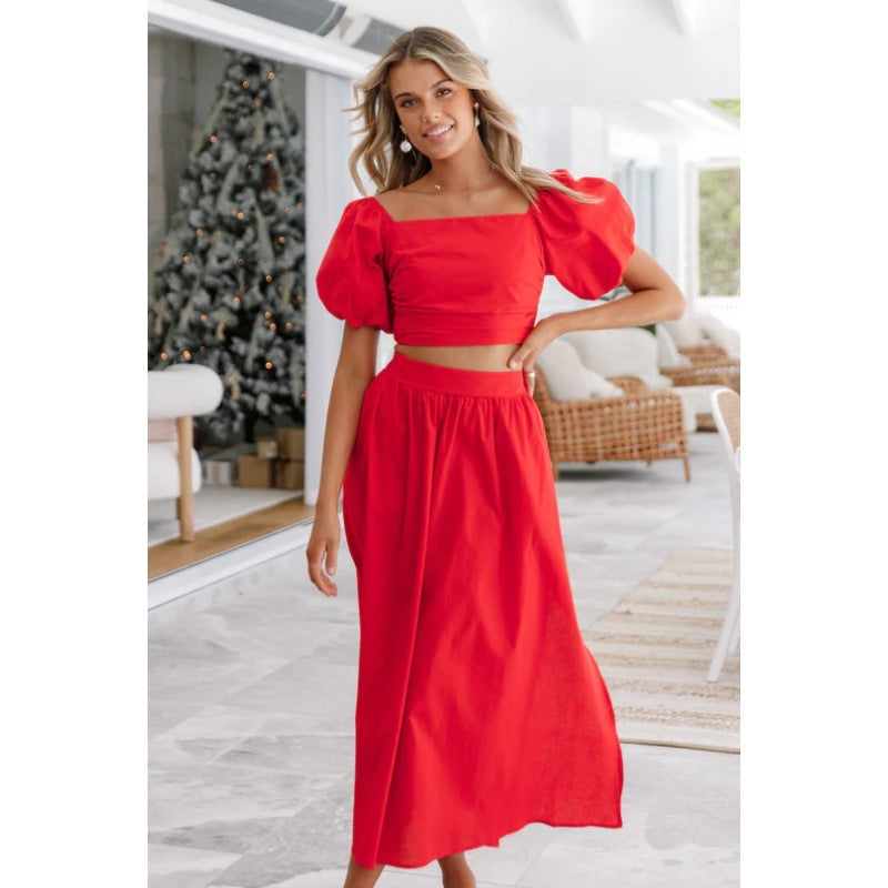 Spring Summer New Lantern Sleeve Square Collar Top Split Dress Two-piece Set - Hiccupzz