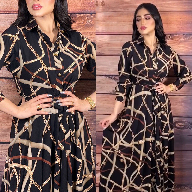 Women's V-neck Printed Dress With Belt - Hiccupzz