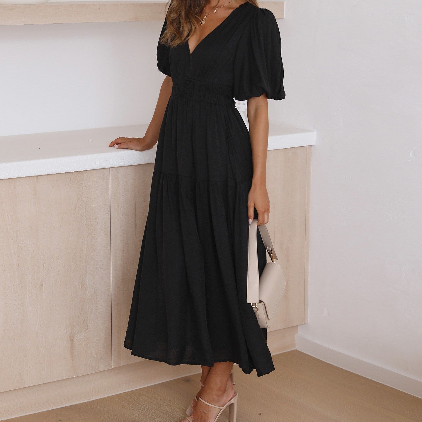 New Senior Sense Of Vacation Style Deep V Bubble Sleeve Dress - Hiccupzz