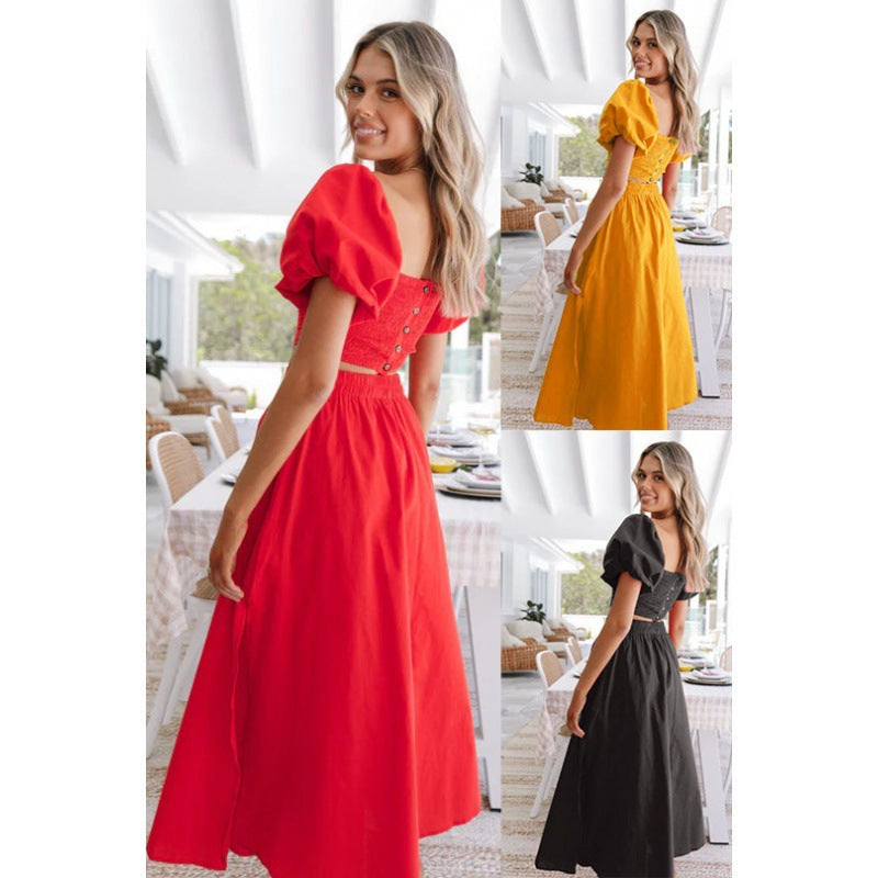Spring Summer New Lantern Sleeve Square Collar Top Split Dress Two-piece Set - Hiccupzz