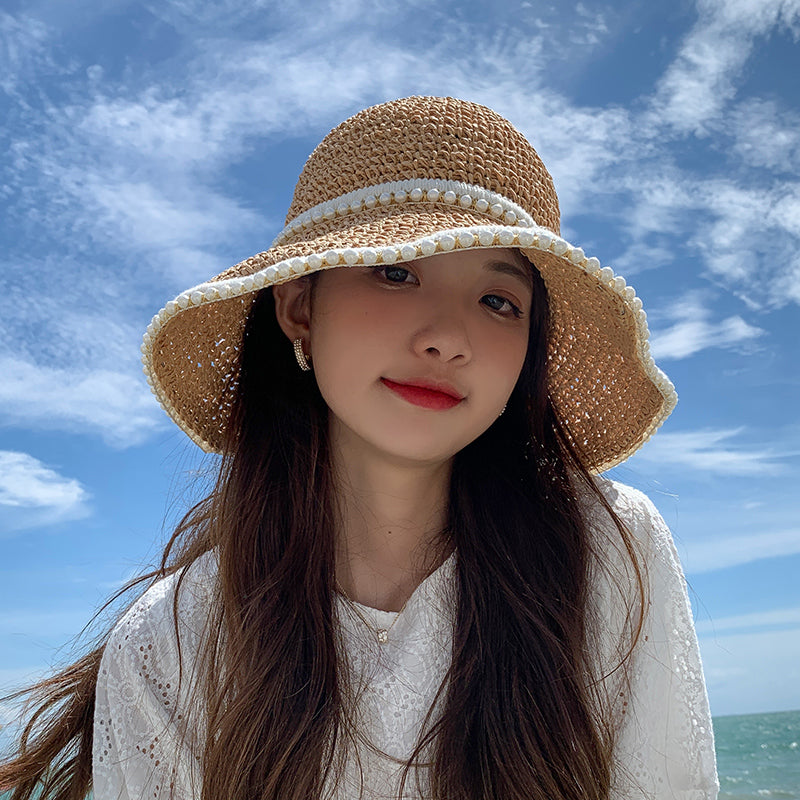 Straw Hat Female Braided Pearl Grass Braided Summer Thin Section - Hiccupzz
