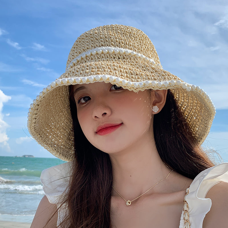 Straw Hat Female Braided Pearl Grass Braided Summer Thin Section - Hiccupzz