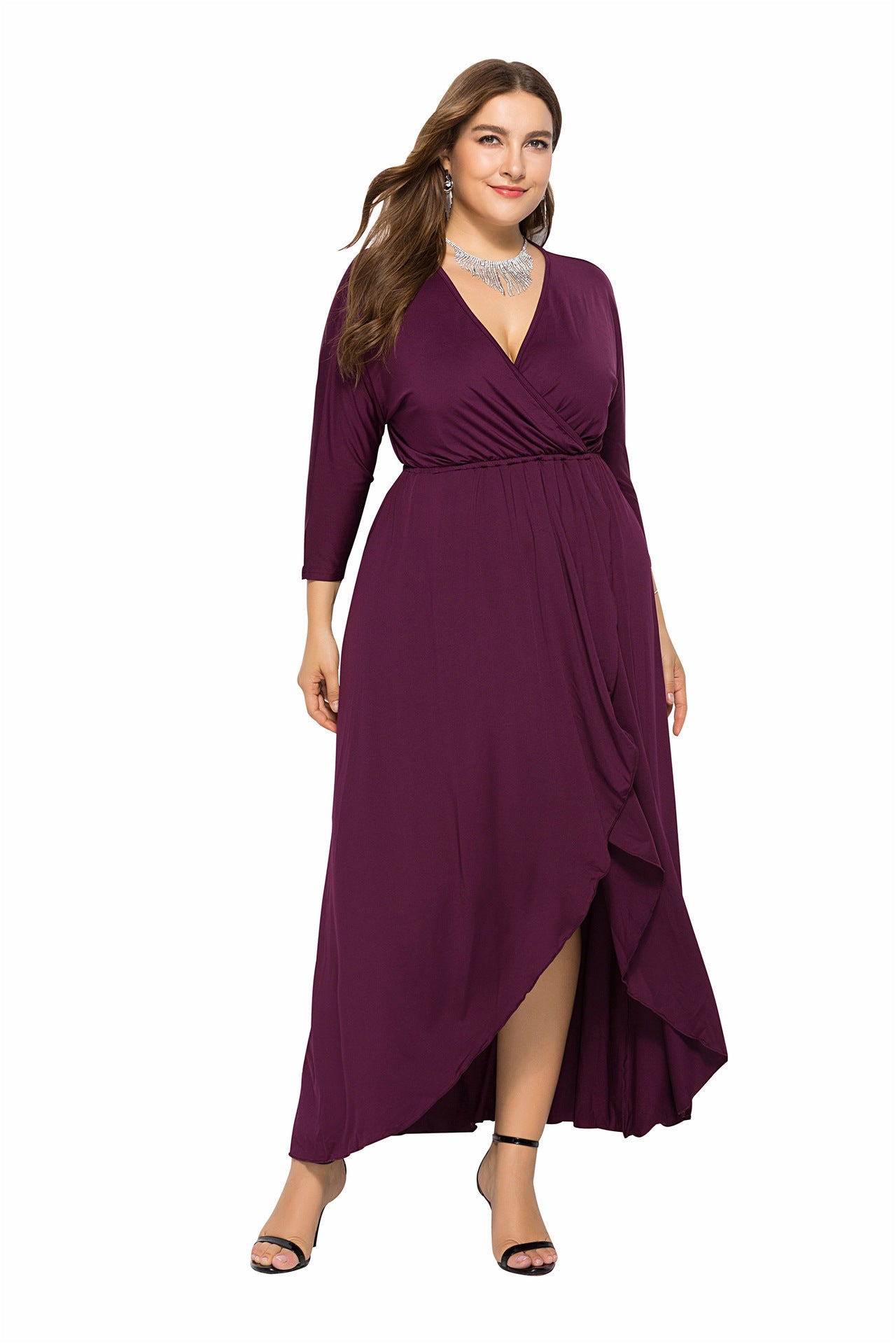 N V-neck Batwing Sleeve Large Hem Sheath Solid Color Dress - Hiccupzz