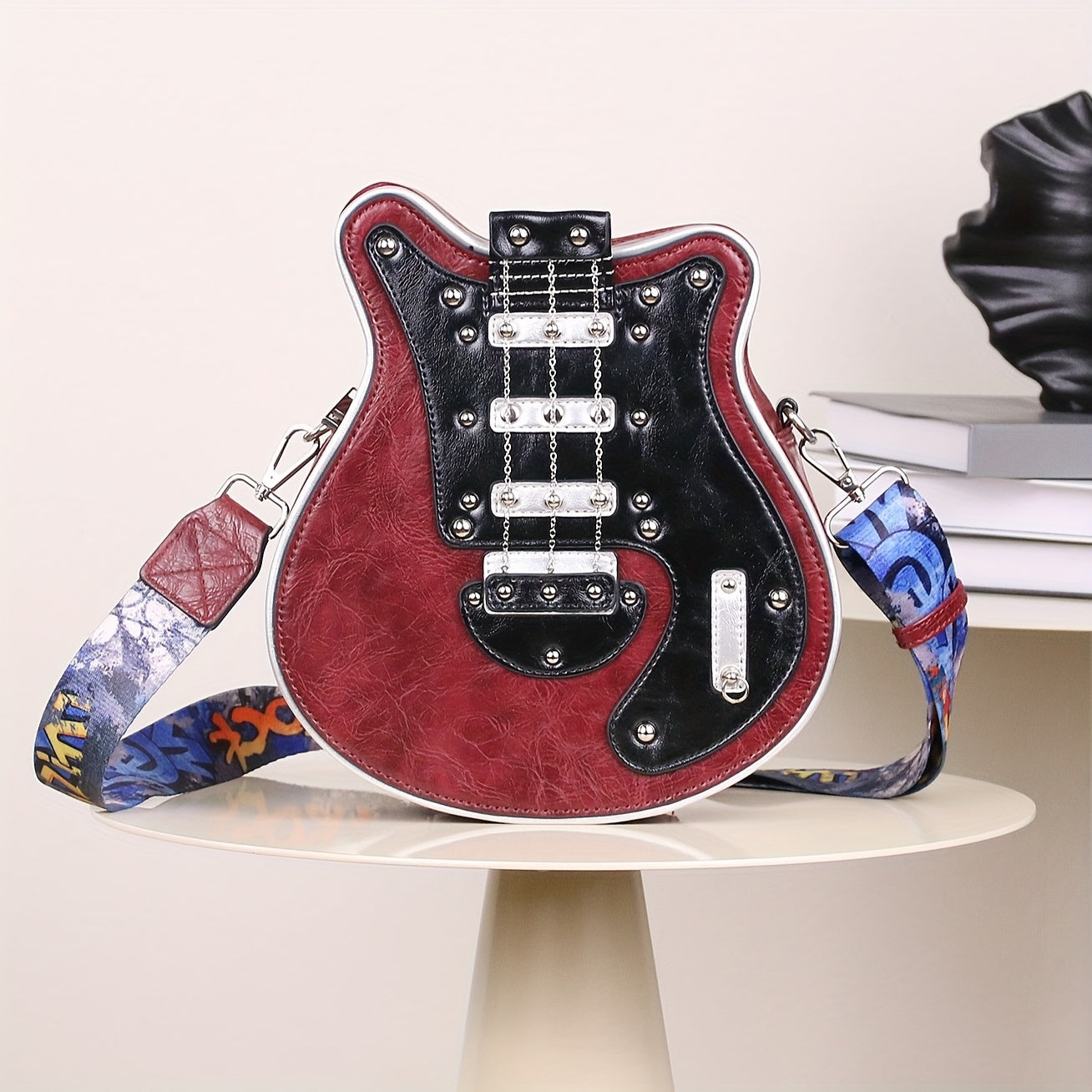 Retro fashion guitar-shaped crossbody bag - Y2K style design,  wide adjustable shoulder strap