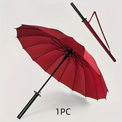 Unique Sword-Shaped Red Umbrella - 16 Windproof Ribs, Waterproof, Ergonomic Handle,
