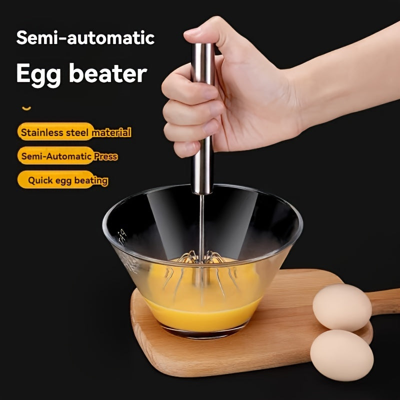 Semi-Automatic Stainless Steel Whisk Set: Manual Hand Push Egg Beater and Non-Electric Rotary Whisk (10/12/14 Inch) for Mixing and Frothing