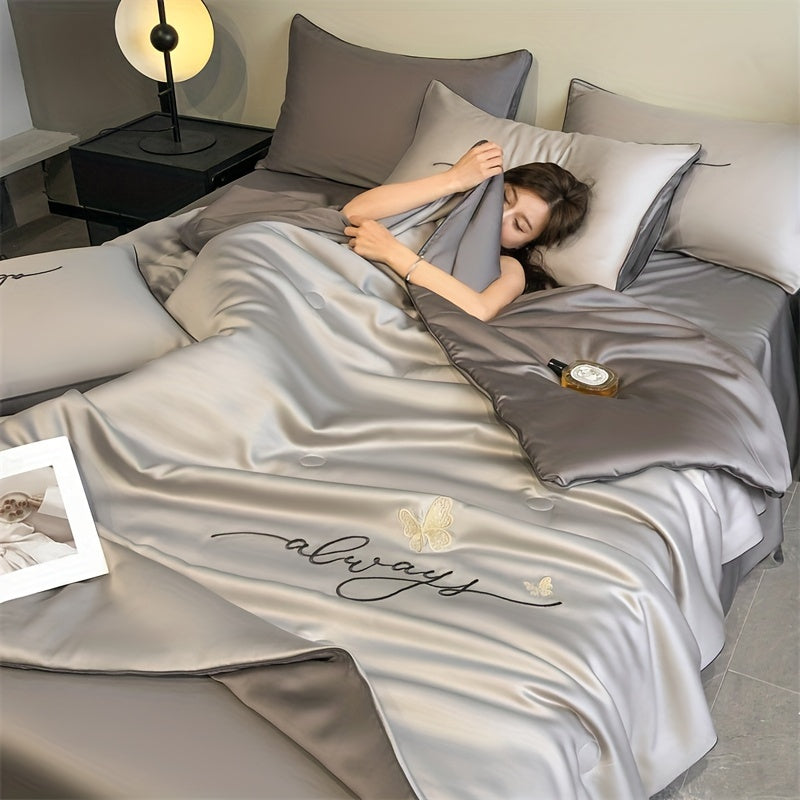 Luxury Embroidered Ice Silk Summer Quilt - Cooling, Lightweight Bedding For All Seasons, Machine Washable (Pillowcase Not Included)