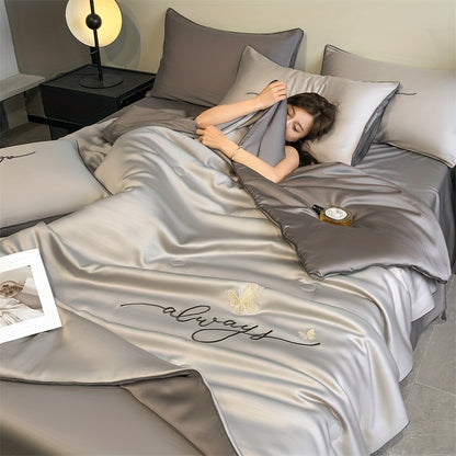 Luxury Embroidered Ice Silk Summer Quilt - Cooling, Lightweight Bedding For All Seasons, Machine Washable (Pillowcase Not Included) - Hiccupzz
