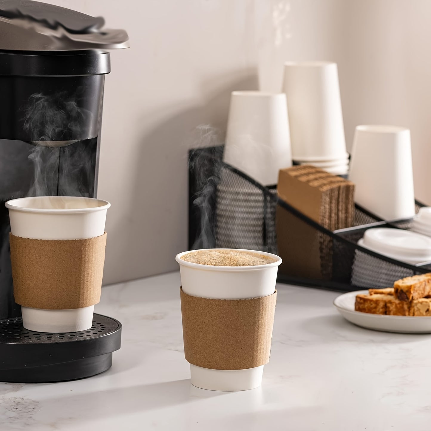 50-Pack Disposable Coffee Cups with Lids & Sleeves - 12/16 oz Eco-Friendly White Paper Cups, Black Lids for Hot Drinks, Tea, or Chocolate