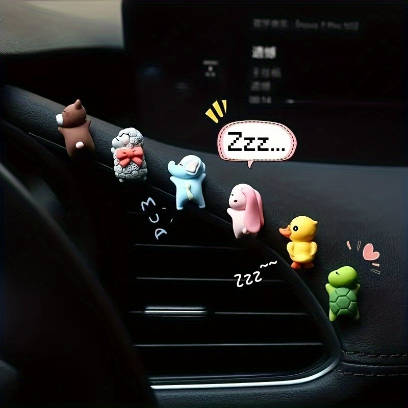 Set of 6 Mini Cartoon Car Console Decorations: Sleeping Rabbit, Sheep, Bear, Duck, Elephant, and Turtle Ornaments for Rearview Mirrors and Interior Accessories