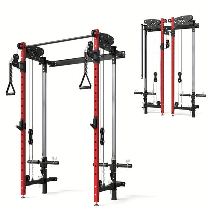 Wall Mounted Folding Squat Rack with Cable Crossover & LAT Pull Down, 5 Adjustable Modes, Space-Saving Home Gym Trainer - Hiccupzz