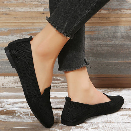 Women's Black Slip-On Flats - Breathable Knitted Round Toe Non-Slip Casual Lightweight Walking Shoes - Hiccupzz