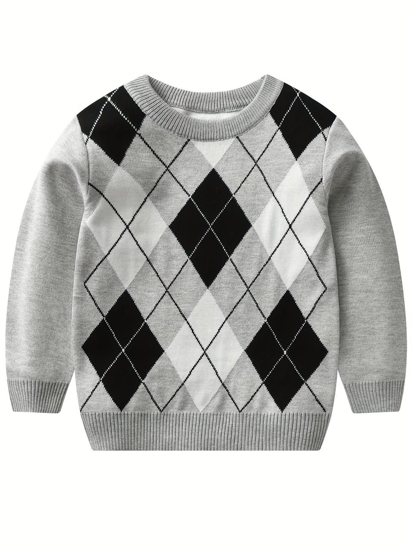 Boys Argyle Pattern Warm Knit Sweater - Round Neck, Long Sleeve