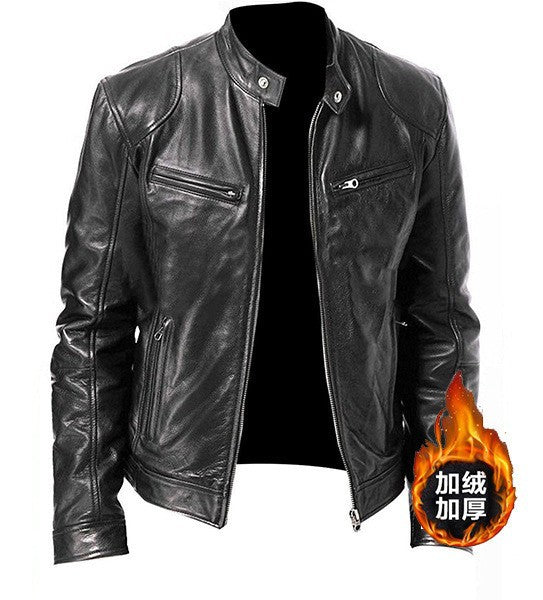 European & American Men's Leather Jacket - Youth Punk Stand-Up Collar Motorcycle Jacket with Logo