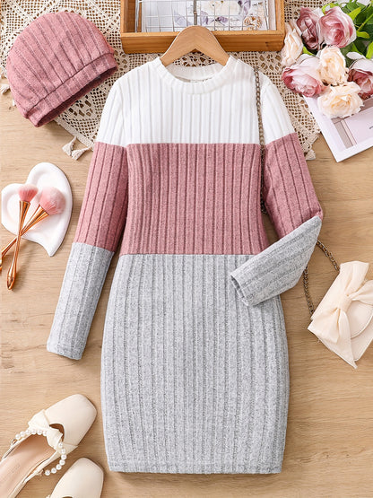 Tween Girls Elegant & Stylish Long Sleeve Color Contrast Ribbed Knitted Dress For Fall & Winter Outdoors - Hiccupzz