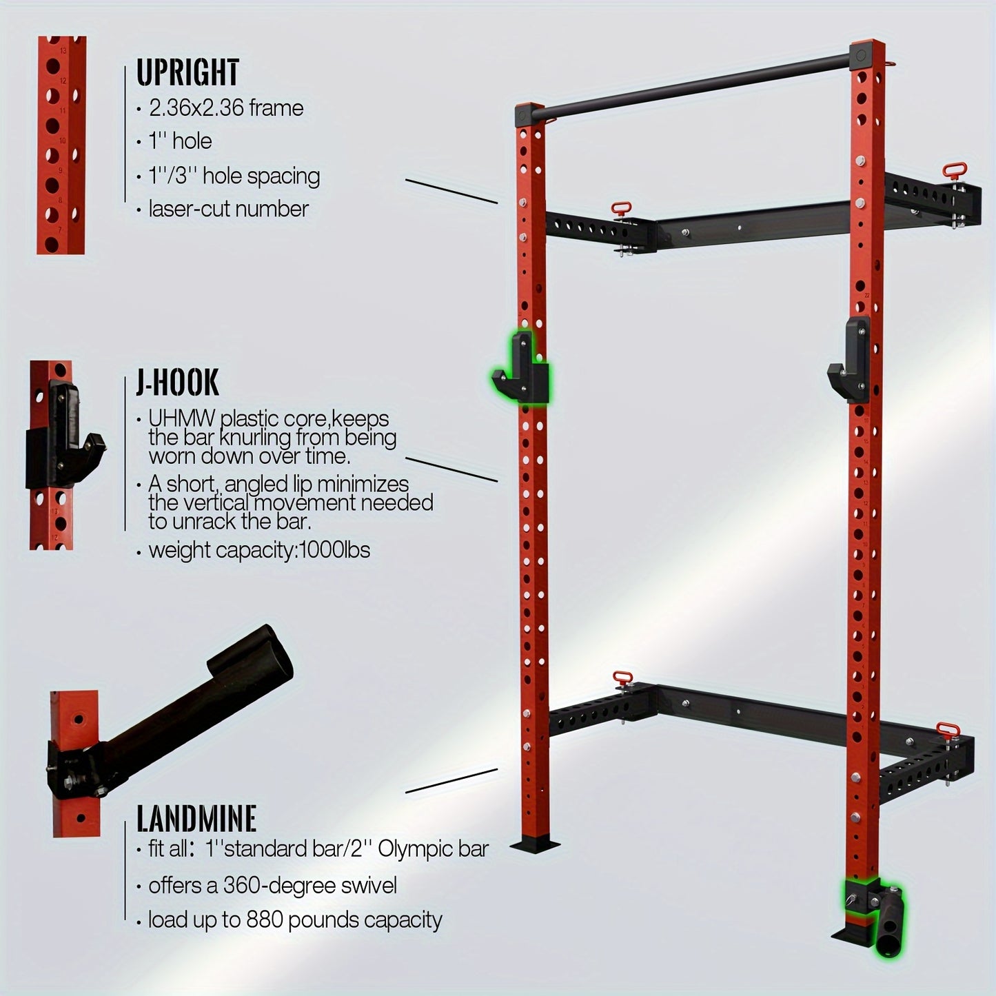 2.36" X 2.36" Folding Wall-Mounted Squat Rack, 800lbs Capacity with Pull-Up Bar & Attachments