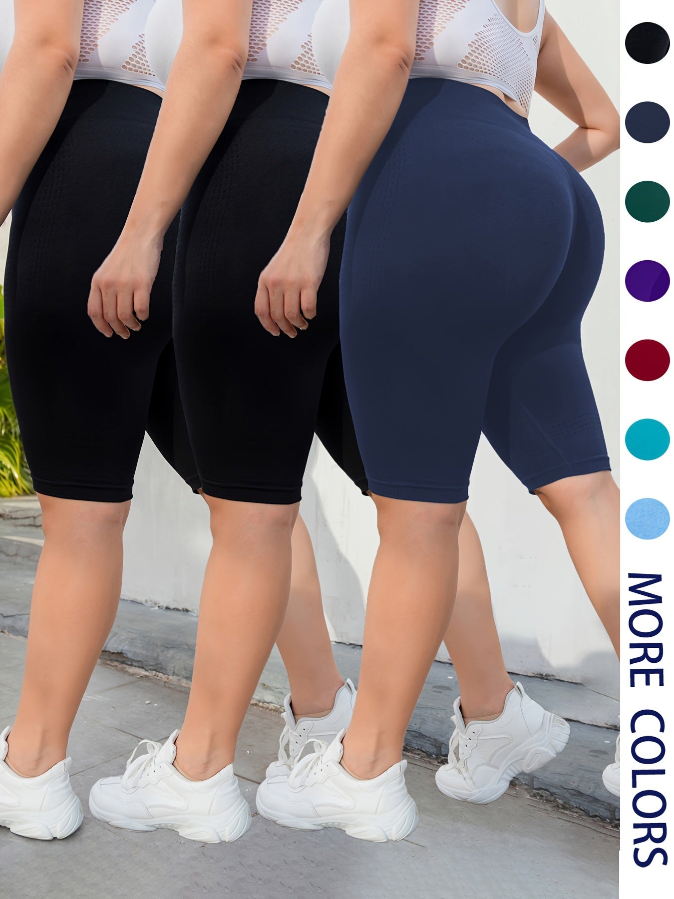 3-Pack Plus Size Yoga Shorts For Women, High Waist Peach Lift, Stretchy, Butt-lifting, High Elasticity, Fitness Activewear, Quick-Dry, Seamless Sport Shorts Set