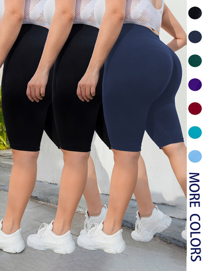 3-Pack Plus Size Yoga Shorts For Women, High Waist Peach Lift, Stretchy, Butt-lifting, High Elasticity, Fitness Activewear, Quick-Dry, Seamless Sport Shorts Set - Hiccupzz