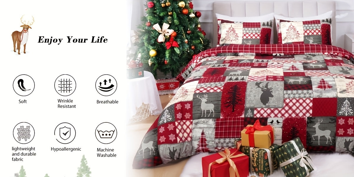 3 Pcs Christmas Duvet Cover Set - Queen & King Sizes, Red Buffalo Plaid Comforter with Zipper Closure, Includes 1 Duvet Cover & 2 Pillow Shams