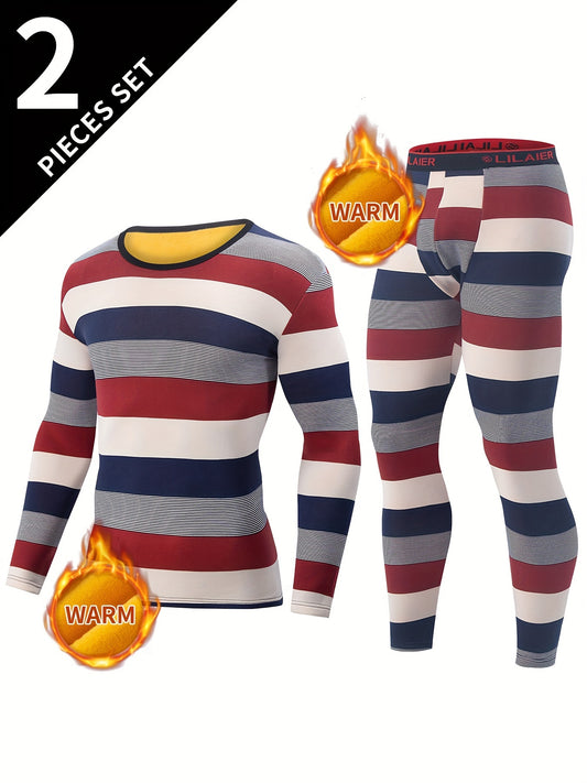 2 Pcs Men's Vintage Striped Thermal Base Layer Set - Moisture-Wicking Long Sleeve & Leggings for Skiing, Running, and Fitness