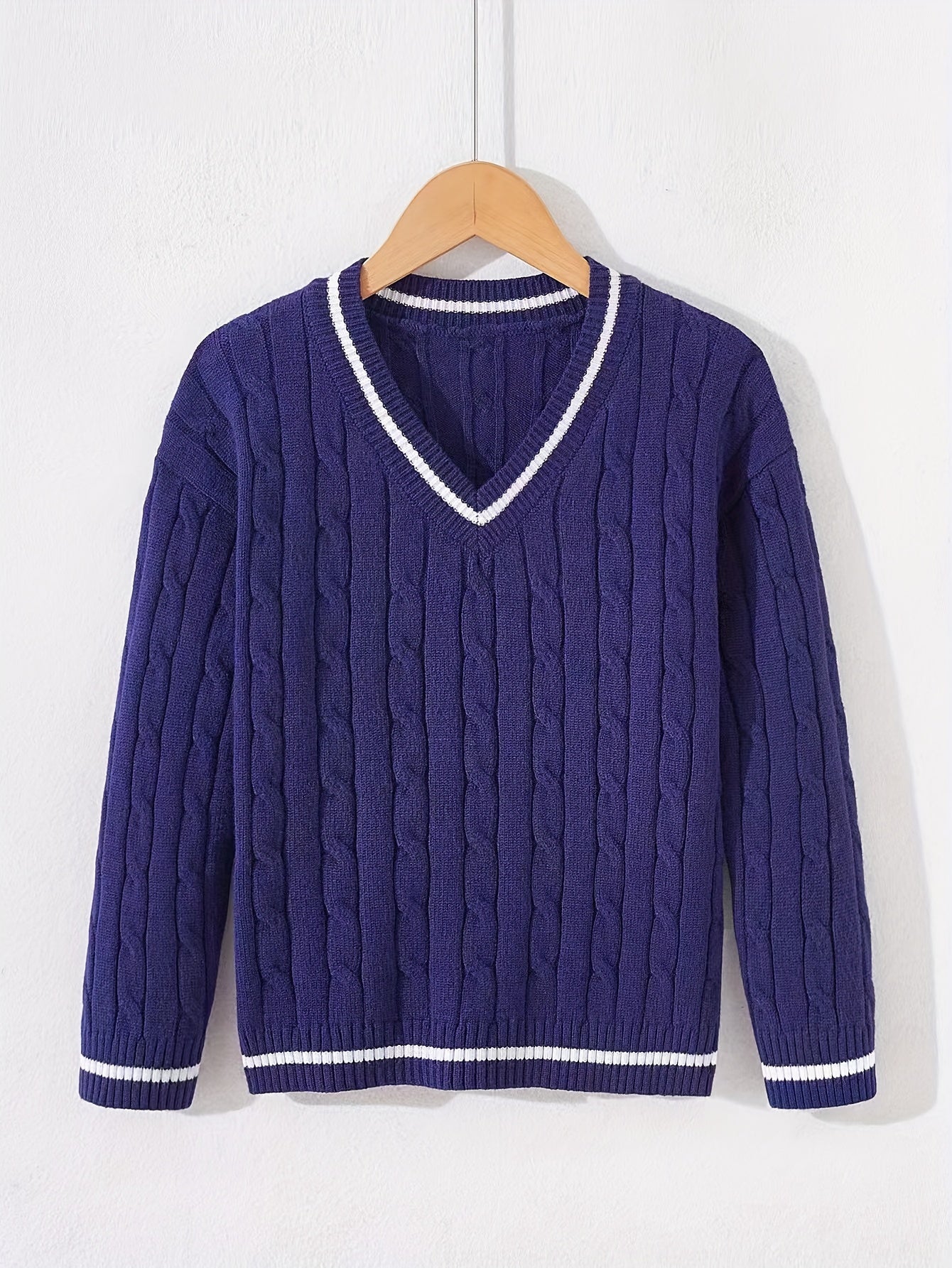 Kid's Preppy V-neck Sweater, Cable Knit, Long Sleeve, Casual, Spring/Fall/Winter