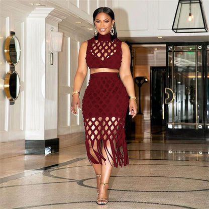 Hollow Out Mesh Fringed Hip Wrap Skirt - Hiccupzz