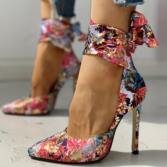 Floral Satin High Heels - Elegant Pointed Toe Lace Up Stilettos for Parties and Dressy Occasions