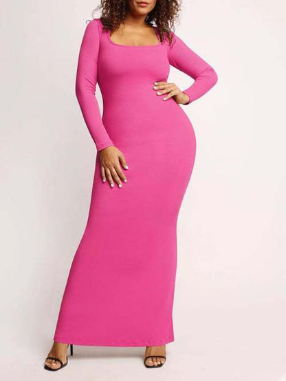 Round Neck Sleeved Slim Fitting Long Dress - Hiccupzz